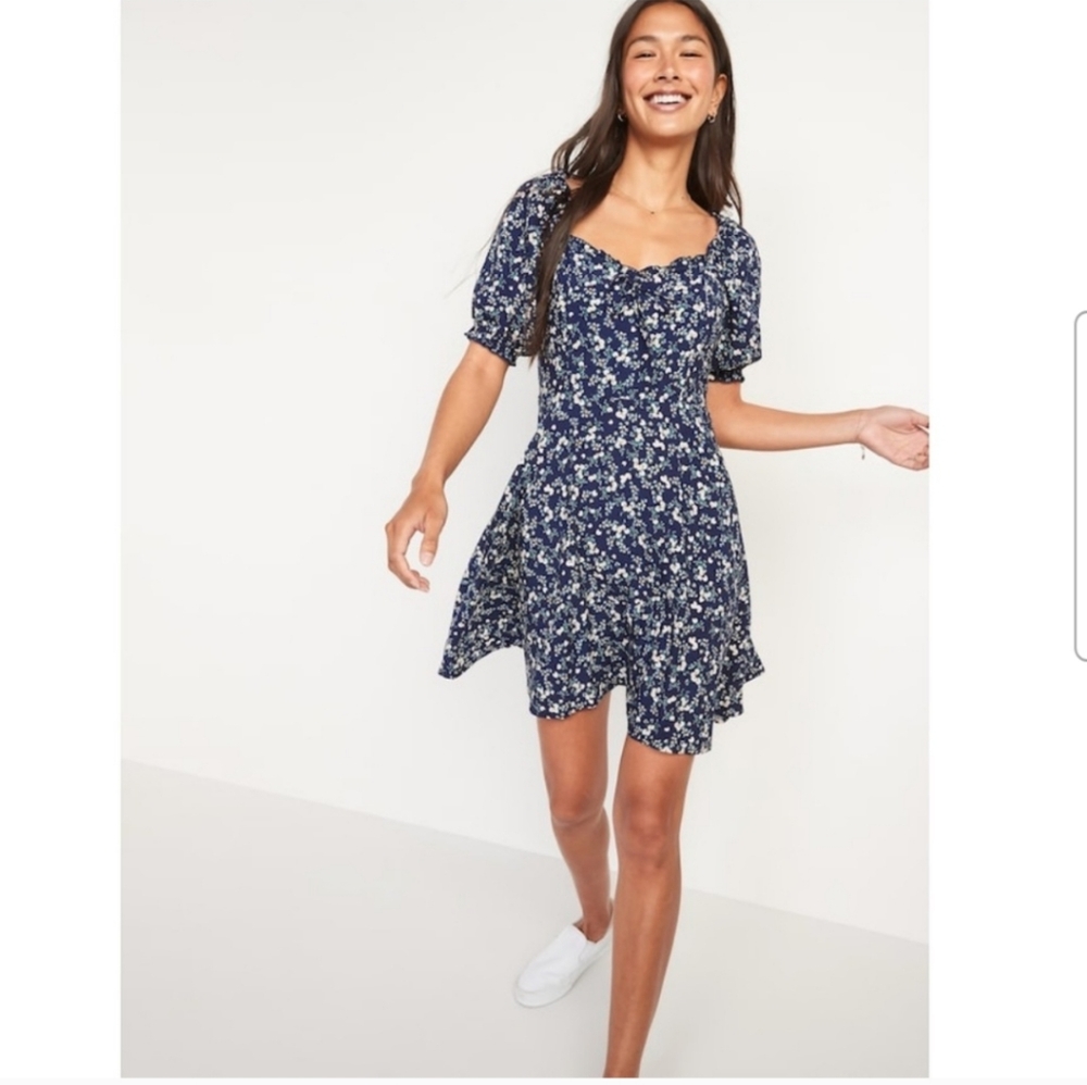 Old Navy Blue Floral Fit FlareMilk Maid Dress Puff Sleeve Cottagecore Small NWOT